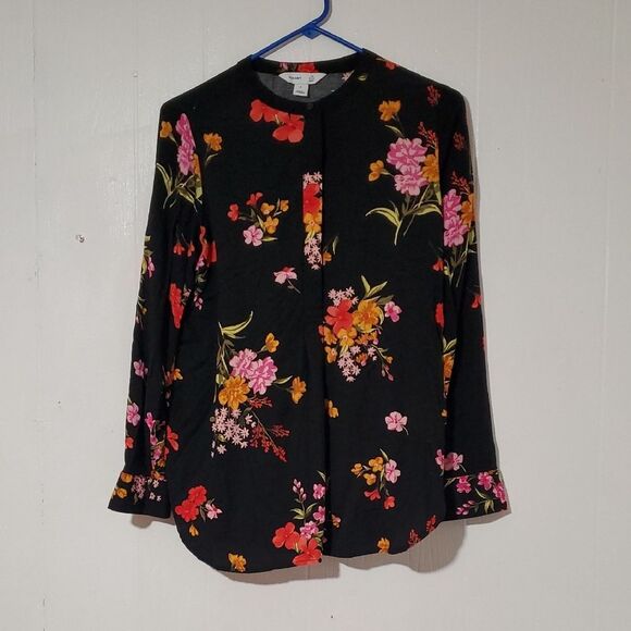 Old Navy Womens Small Black Floral Blouse Tunic Button Cuffed Sleeves - Picture 1 of 6